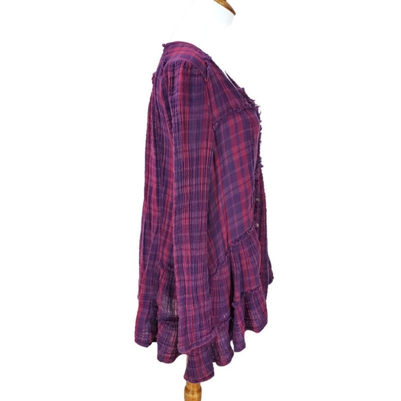 Free People Whistle While You Work Gauzy Purple Plaid Tiered Button Up Tunic Top - Picture 7 of 15